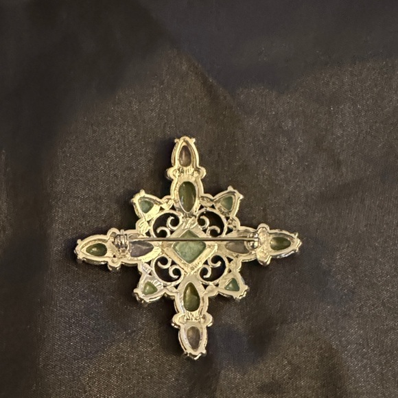 Antique Style Cross Brooch with Green & Purple Gems, Victorian Statement Pin - Picture 3 of 5